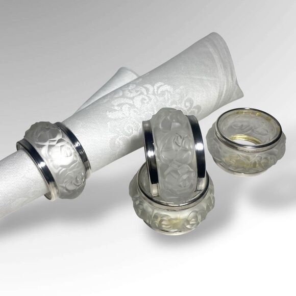 VTG William Adams Napkin Rings Set of 4 Frosted Rose Lead Crystal Silver Plated - Picture 1 of 5